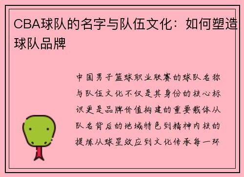 CBA球队的名字与队伍文化：如何塑造球队品牌
