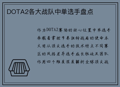 DOTA2各大战队中单选手盘点