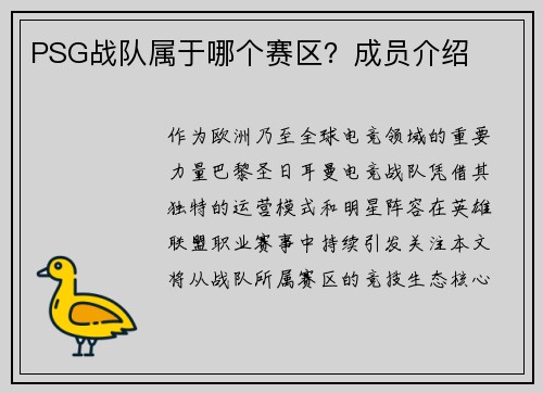 PSG战队属于哪个赛区？成员介绍