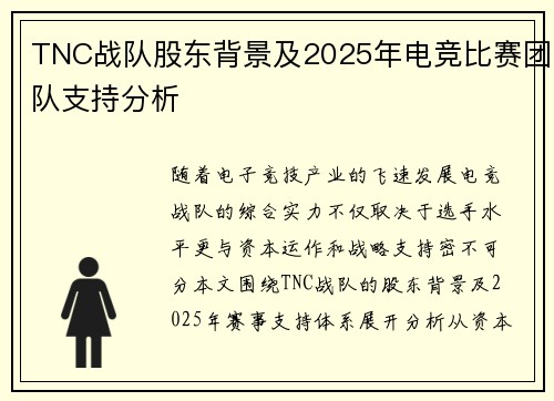 TNC战队股东背景及2025年电竞比赛团队支持分析